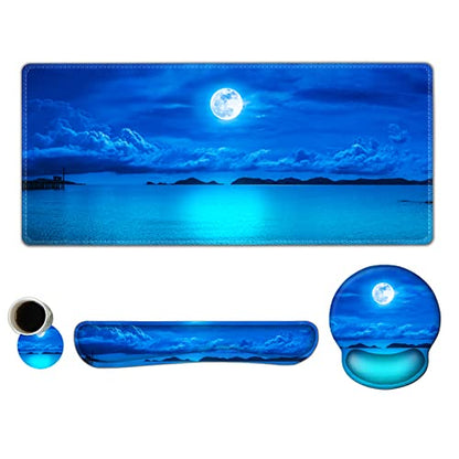 ARTSO Large Mouse Pad Set, Ergonomic Keyboard Wrist Rest Support, Memory Foam Gel Extended Non-Slip Desk Blotter Pad for Office, Home, Moon Blue Sea - color: Moon Blue Sea