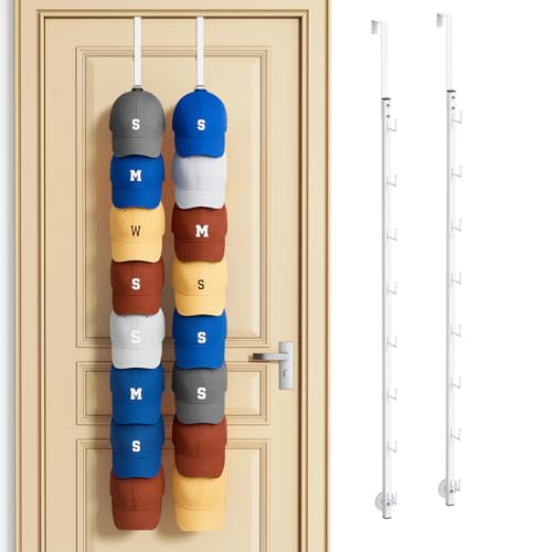 SWTYMIKI Over Door Hat Organizer - 2 Packs Metal Wall Mounted Hat Rack with 16 Hooks Design, Hanging Baseball Cap Organizer Storage Holds up to 32 Caps for Door, Bedroom, Closet(White) - color: White, style: Single hook