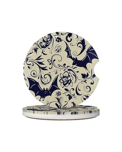 Car Cup Holder Coasters, 2 Pcs Ceramic Coasters with Cork Back and Finger Slot, Anti-Slip Shock Absorbing Women and Men Universal Car Accessories - Bat - color: Bat