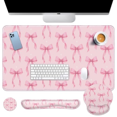 Arttown Pink Bow Ribbon Desk Mat Cute Kawaii Mouse Pad Set 4 in 1 Ergonomic Design Large Mouse Pad + Keyboard Wrist Rest + Mouse Wrist Rest + Coaster Suitable for Home Office Study Game - color: Pink Bow Ribbon