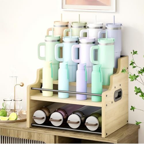 4-Tier Wood Display Shelf Wine Rack for 16 Bottles Wood Coffee Syrup Organizer with Handles Home Whiskey Shelf Retro Mini Liquor Cabinet Spice Rack Coffee Bar Shelves, Oak - color: Oak
