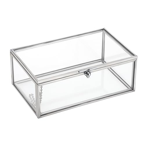 Hipiwe Vintage Glass Keepsake Box Rectangle Jewelry Display Organizer Lidded Box Home Decor Accent Decorative Box for Storage Trinket Rings Bracelet, Silver, Small - color: Silver, size: Small