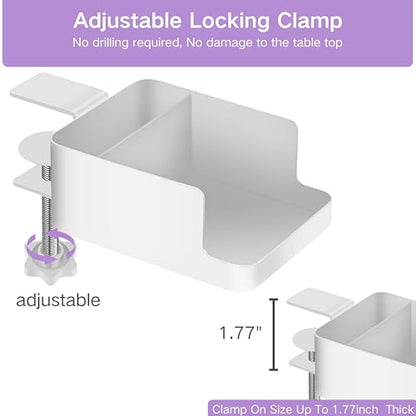 Desk Cup Holder Clamp - Ajustable Desktop Hanging Storage Rack, Clamp On Cup Holder with Cup/Phone/Pen, with Charging Hole and Spill-Proof Cup Design (White)