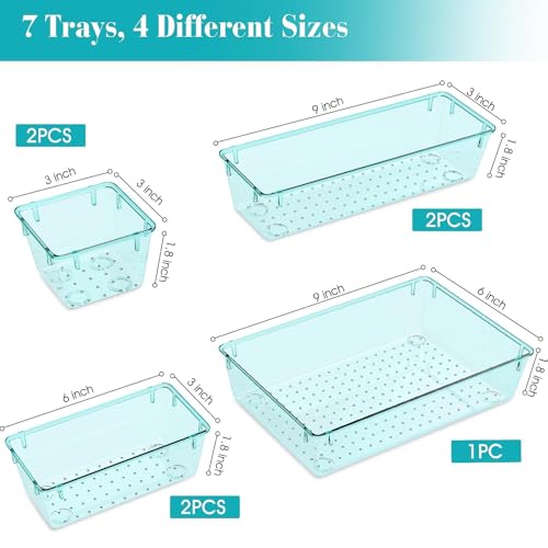 StorMiracle 7 PCS Clear Plastic Drawer Organizers Set, 4 Size Desk Drawer Organizer Trays for Makeup, Jewelry, Kitchen Utensils, Gadgets and Office Accessories, Sea Blue - color: Sea Blue, size: 7 PCS