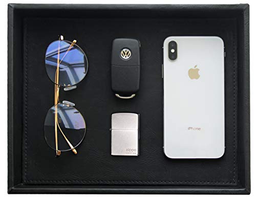 Vixdonos Valet Tray Nightstand Organizer Leather Catchall Tray for Perfume,Jewelry,Key and Remote on Counter or Dresser(Black) - color: Black