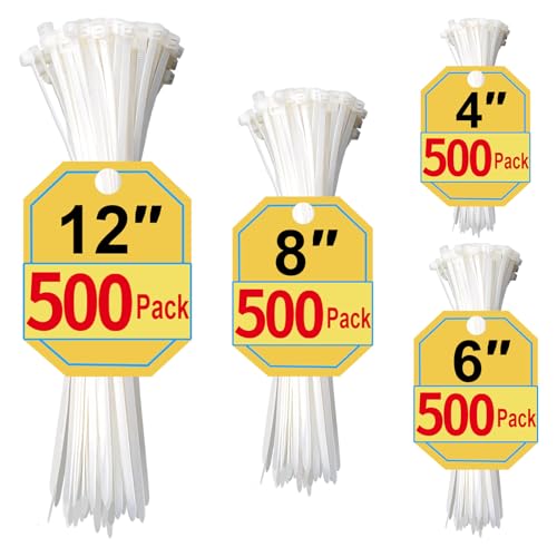 Zip Ties Assorted Sizes 4+6+8+12 Inch, 2000 Pack, White Cable Ties for Multi-Purpose, Nylon/Plastic Wire Ties for Home Improvement, Office & Outdoor Use (Clear-Colored Style). - size: 4+6+8+12 (2000 Pack)