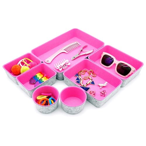 Welaxy Drawer organizers bins felt trays desk storage dividers small round organizing box for office supplies closet cabinet makeup holder 7-piece (Hot pink) - color: Hot pink