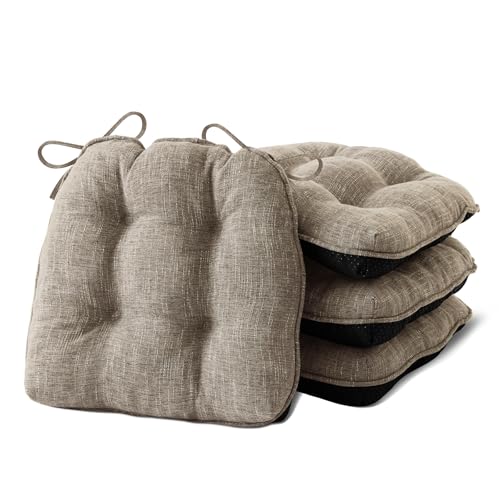 IPYNBAP Chair Cushions for Dining Chairs Set of 4, Kitchen Chair Cushions, Chair Pads with Ties and Non Slip Backing, Tufted Memory Foam Seat Cushion 4 Pack, 18" x 18" x 4", Khaki - color: Khaki, size: 18" x 18" x 4"