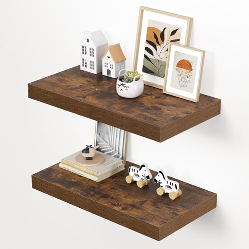 Dreamland 24" Floating Shelves for Wall, 12" Deep Thicker Floating Shelves, Wall-Mounted Shelves for Bedroom, Living Room, Kitchen, Bathroom,Rustic Brown - Set of 2 - color: Rustic Brown, size: 24"W x 12"D x 2"H, Set of 2
