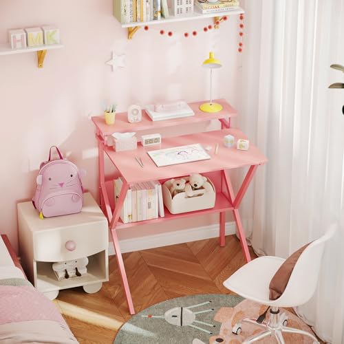 ODK Small Desk, 27.5 Inch Computer Desk for Small Spaces, Study Desk with Storage & Monitor Stand, Pink - color: Pink