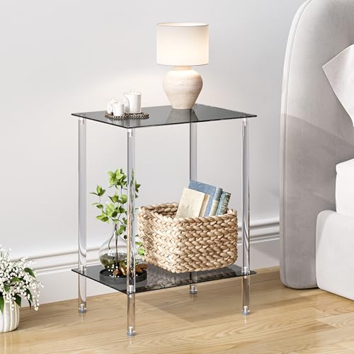 Tempered Glass Side Tables Set of 2 Acrylic End Table with 2 Storage Shelve transparent Bedside simplicity clear 2-Tier Nightstands for small Spaces Office Bedroom Living Room Study black ET-008BK - color: Black, size: 2 tier Normal