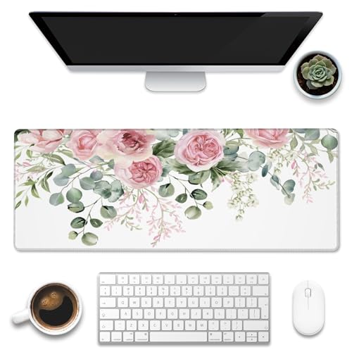 Desk Mat,Peony Flowers and Eucalyptus Leaves Large Gaming Mouse Pad for Desk XL,Pink Floral Desk Pad,Extended Big Computer Keyboard Mouse Pad with Non-Slip Base Stitched Edges 31.5"x11.8" - color: Peony Flowers and Eucalyptus Leaves, size: XL-31.5"x11.8"