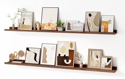 Floating Picture Ledge Shelves for Wall Set of 2, 55 Inches Picture Shelf with Ledge, Nursery Book Shelf for Toys Storage Kids Bookshelf Wall Mounted Living Room Bedroom Decor Frames, Walnut - color: Picture Ledge Shelves,walnut, size: 55in
