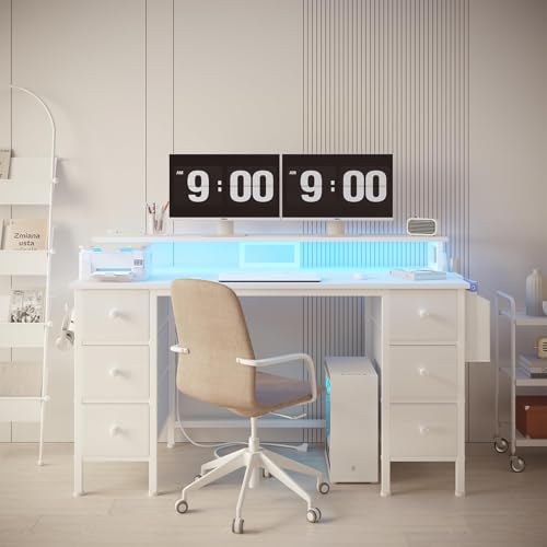 Lufeiya White Gaming Desk with Drawers & Storage Shelves, 47 inch Home Office Desk with Monitor Stand, Computer Desk with LED Lights and Power Outlets, White - color: White