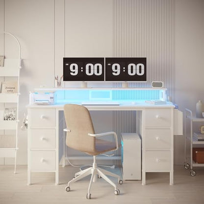 Lufeiya White Gaming Desk with Drawers & Storage Shelves, 47 inch Home Office Desk with Monitor Stand, Computer Desk with LED Lights and Power Outlets, White - color: White