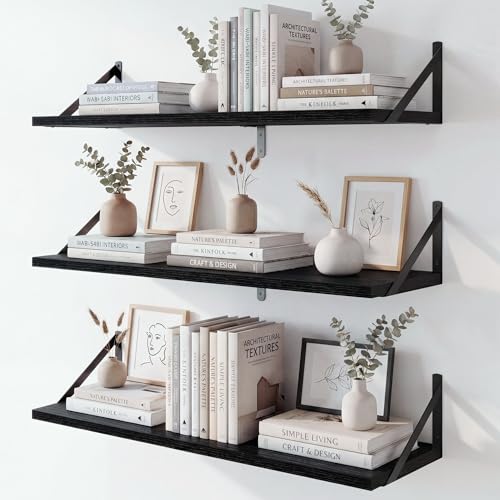 Fun Memories Floating Shelves, 32 x 8 Inches, Set of 3 Wall-Mounted Bookshelves with Metal Brackets, Decorative Storage for Home and Office (Black) - color: Black, size: 32"W x 8"D