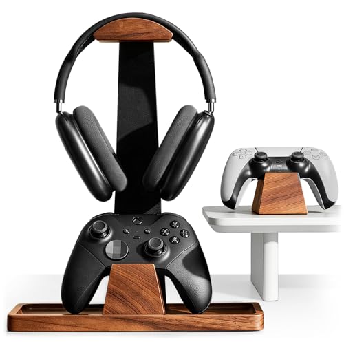 UPERGO Headset Stand with 2 Controller Holders - Solid Wood & Metal Gaming Headphone Holder for Switch, Controllers, and Desk Accessories (Wood) - color: Wood