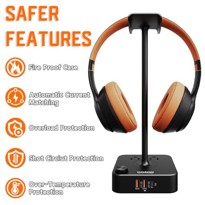 COZOO Headphone Stand with USB Charger Desktop Gaming Headset Holder Hanger with 3 USB Charging Station and 2 Outlets Power Strip,Suitable for Gaming, DJ,Wireless Earphone Display, Gamer Gifts for Men - color: 1.Black(PD & QC3.0)