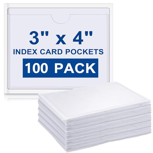 Outus 100 Pcs Index Card Pockets, 3.5 x 4.4 Inch Clear Self Adhesive Labels Pocket for Business, Plastic Label Sleeves with Top Open for Organizing Storage Bins Library Card Shelves Scrapbooks - size: 3.5 x 4.4 Inch