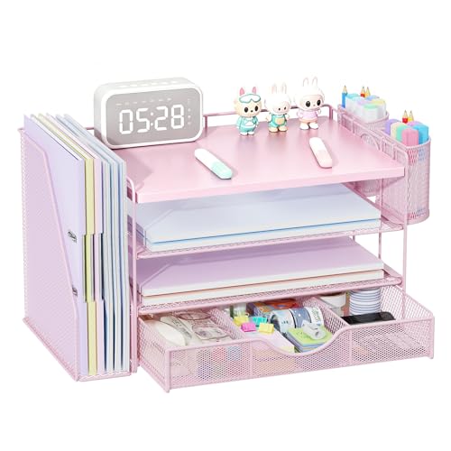 gianotter Wood Desk Organizers and Accessories with File Holder, 4-Tier Desk Accessories & Workspace Organizers with Drawer and 2 Pen Holder, Desk Reference Organizer (Pink, 4T with Metal Drawer) - color: Pink, size: 4T with Metal Drawer