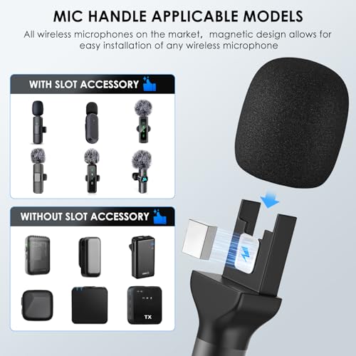 Handheld Adaptor for Interview Mic, Mic Handle Compatible with DJI 1/2/3/Mini 1/2, Rode and All Lav Microphone, Wireless Microphone Holder with 3 Pop Filter and Flag Station for Vlogging, Reports