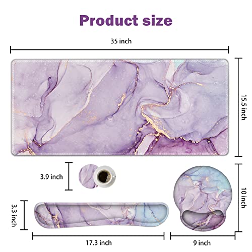 ARTSO Large Mouse Pad Ergonomic Keyboard Wrist Rest Support Set, Memory Foam Gel Wrist Pad, Extended Desk Mat Protector, Non-Slip Desk Blotter, Purple Blue Marble - color: Purple Blue Marble