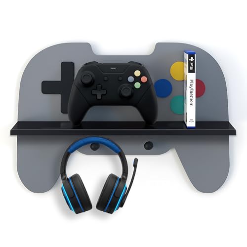 Game Room Decor Gaming Floating Shelf, Gray Controller Wall Shelf | Controller shaped wall shelf with hooks for headset, gamepad and collectibles; adds gaming style to bedrooms and game rooms - color: Grey