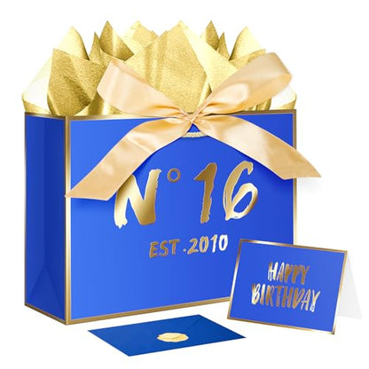 JWSCYSY 16th Blue Birthday Gift Bag with Card, Tissue Paper and Ribbon for Men Boys Birthday Party Favor, Presents Wrapping (12.6" EST 2010) - color: 16TH
