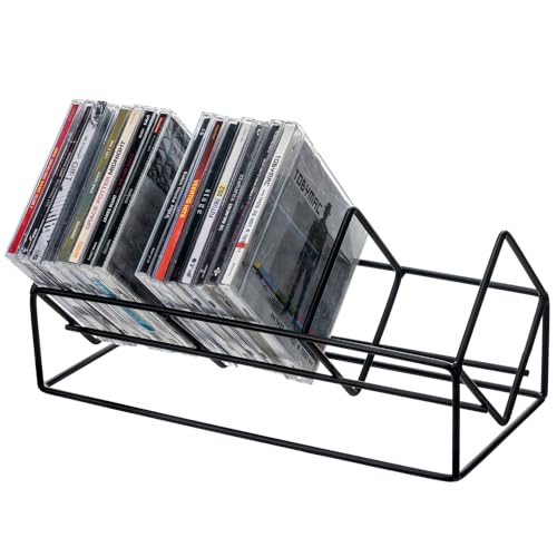 MyGift 3 Slot CD Holder Storage Stand, Video Game DVD Media Organizer Rack, Tabletop Compact Disc Shelf, CD Tower Holds 30 Jewel Cases, Modern Matte Black Metal Wire