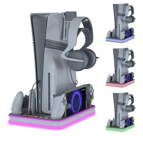 Charger Dock Compatible with PS Portal and Controller, PS5 Pro Stand and Cooling Station with RGB LED Charging Dock, PS5 Edge Controller and Headset and Remote Holders - Grey - color: Gray