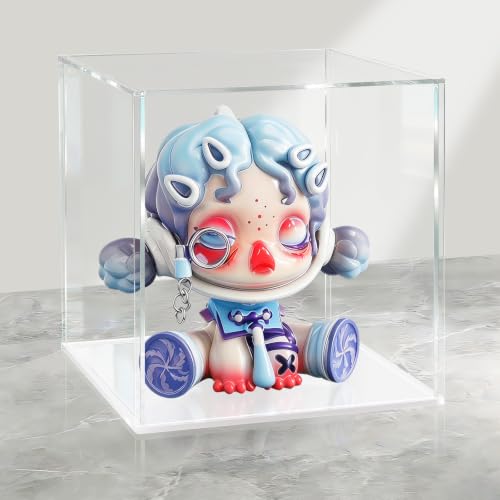 LANSCOERY Acrylic Display Case, 4.7 x 4.7 x 4.7 in Clear Display Box with 2mm Panels, White Base, LED String Light Accessory for Small Collectibles and Mini Figures - color: White, size: 4.7x4.7x4.7inch; 12x12x12cm