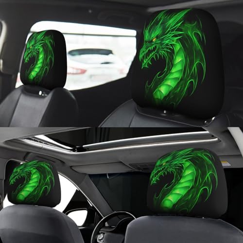 Dujiea 2 Pack Dragon Green Fire Car Headrest Covers, Universal Soft Car Seat Head Rest Protector, Vehicle Accessories Fabric Headrest Cover for Cars Vans Trucks - color: Dragon Green Fire