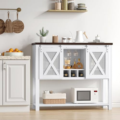 Farmhouse Sideboard Buffet Cabinet With Sliding Barn Doors – Coffee Bar Console Table Featuring Open Storage Shelf & Wine Racks, Entryway Table for Kitchen, Dining Room, Hallway, 46.5” （White & Brown）