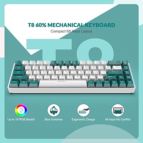 ZIYOU LANG RK-T8 Wired 65% Mechanical Gaming Keyboard with RGB LED Backlit Anti-ghosting TKL Mini 68 Key Custom Coiled C to A Cable Tactile Blue Switch for PS4 PS5 Xbox PC Mac Gamer(Green/White) - color: Green White, size: 65% Keyboard