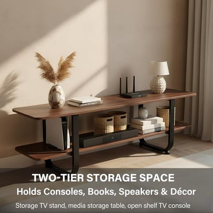 Tiita Bamboo TV Stand with Storage for TV up to 65 inch, Bamboo Rattan TV Console Entertainment Center with 2 Open Shelf, Mid Century Modern Media Console for Living Room, Bedroom - color: Grey