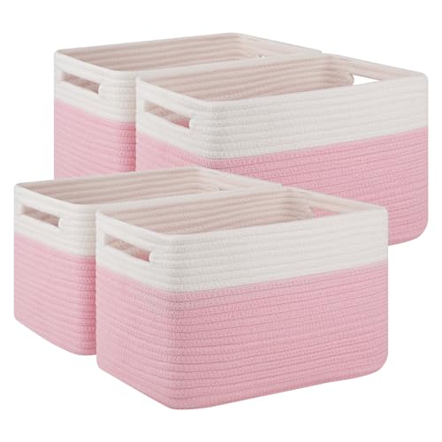 4 Pack Storage Baskets for Organizing, Woven Baskets for Shelves - Perfect for Toys, Books, Towels, and Clothes, Durable Gift Basket Bins Toy Storage, 12.7''Lx9''Wx7.8''H, Pink & White - color: Pink & White, size: Small/12.7''Lx9''Wx7.8''H