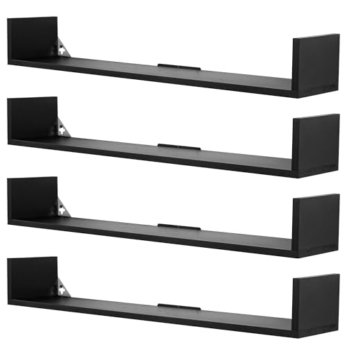 PHOENANCEE Floating Book Shelves,32 Inches Wall Bookshelf U Shaped,Long Hanging Bookshelf for Wall,Large Rustic Storage Books Shelves for Living Room Kitchen Bathroom Office,Set of 4(Black) - color: Black