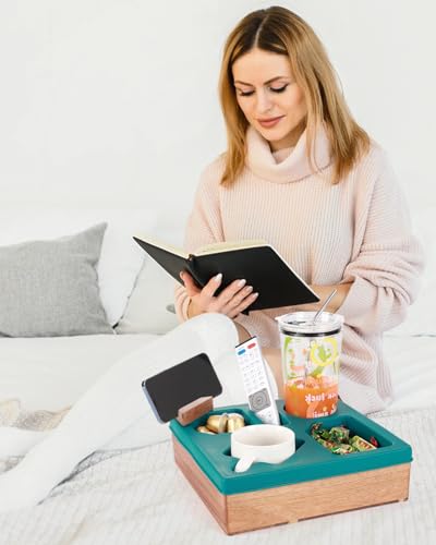 Couch Cup Holder Tray, Silicone Wooden Couch Caddy with Cup Holder for Snacks, Drinks, Remotes, Waterproof Cup Holder for Couch, Organizer, Couch Drink Holder - color: E-green