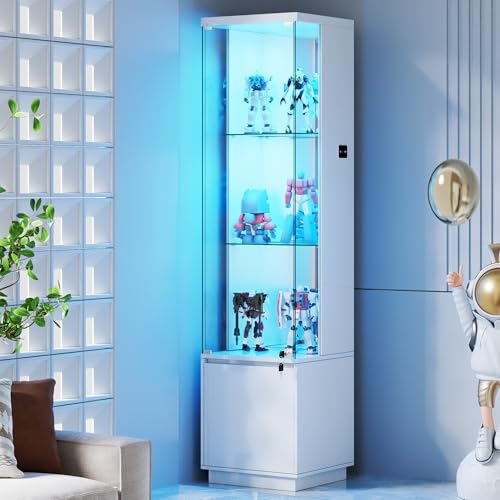 Lvifur 65" Tall Corner Display Cabinet - with Glass Doors, Lockable Glass Curio Cabinet with 3 Color Motion Sensor Lights for Collectibles,3-Tier Display Case with Removable Shelves,White - color: White With Glass Door