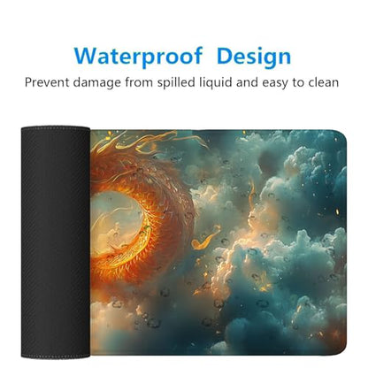 Fantasy Dragon Gaming Mouse Pad Desk Pad 31.5 x 11.8 Inch Flying Auspicious Clouds Flames Large Gaming Mouse Mat with Stitched Edges,Non-Slip Waterproof Rubber Base Mous Mat - color: Fantasy Dragon, size: 11.8W x 31.5L inches