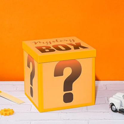 RUSPEPA Mystery Gift Box with Lid, Fun Orange Question Mark Design, Medium Collapsible Gift Box with Tissue for Kids & Adults, Birthday, Party Games, Mystery Surprise Packaging, 9x9x9 Inches, 1 Pcs