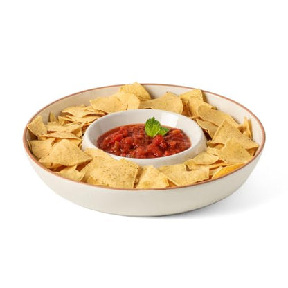 FUN ELEMENTS Ceramic Chips and Dip Serving Tray: 12 Inch Large Divided Bowls Set for Salsa, Veggies & Dip, Appetizers, Snacks, Fruit, Candy, Free-Form Serving Dish Platter for Parties Hosting