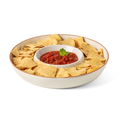 FUN ELEMENTS Ceramic Chips and Dip Serving Tray: 12 Inch Large Divided Bowls Set for Salsa, Veggies & Dip, Appetizers, Snacks, Fruit, Candy, Free-Form Serving Dish Platter for Parties Hosting
