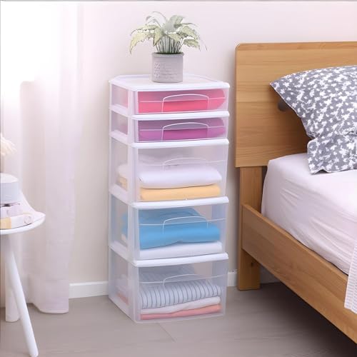HOMZ 5-Drawer Storage Cart, Clear Plastic Drawers, 14.25" Wide Medium, White Frame - Organizing Drawer Containers for Home, Bathroom, Office, and Classroom - color: White frame with clear drawer
