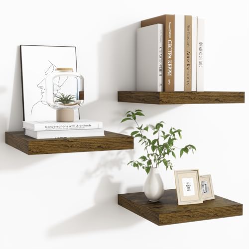 Fun Memories Floating Shelves for Wall - 9.3 Inch Square Shelves with Invisible Brackets, Small Wall Shelf for Living Room, Bathroom, Bedroom, and Kitchen Decor Brown Set of 3 - color: Brown, size: 9.3"W x 9.3"D - 3P