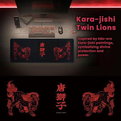 BELLEMOND Japanese Art Desk Mat | Large 31.5x11.8in Anime Mouse Pad for Keyboard & Mouse | Non-Slip Base, Water-Repellent | Original Japanese Design | Kara-jishi - Twin Lions - color: Kara-jishi - Twin Lions