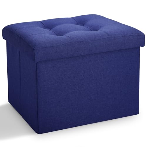 LINMAGCO Small Storage Ottoman Stool Foot Rest Stool Under Desk Stool Short Folding Ottoman Linen Cloth Navy 17X13X13IN - color: Navy(linen), size: 13"D x 17"W x 13"H