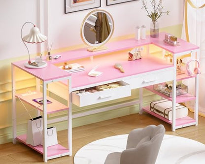 Pamray 58 Inch Computer Desk with Monitor Stand and Shelves Gaming Desk with LED Lights & Power Outlets PC Vanity Table with 2 Drawers for Home Office Pink - color: Pink