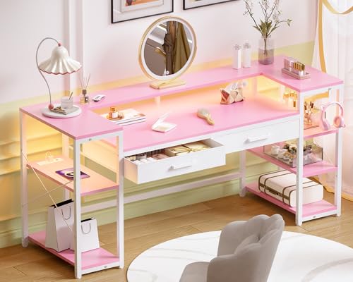 Pamray 58 Inch Computer Desk with Monitor Stand and Shelves Gaming Desk with LED Lights & Power Outlets PC Vanity Table with 2 Drawers for Home Office Pink - color: Pink