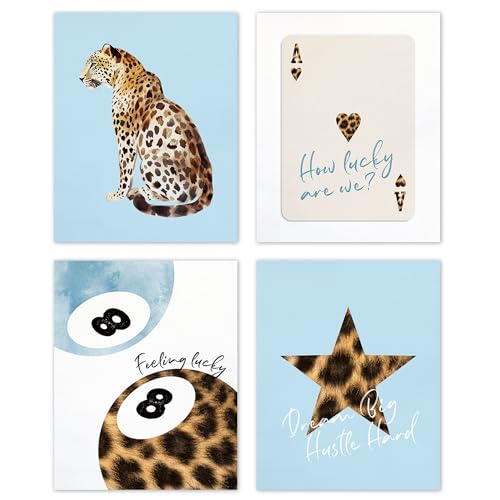 TLESKE Blue Preppy Cheetah Leopard Posters Prints Unframed 8x10 Set of 4, Trendy Lucky 8 Balls Wall Art Prints Decor for Teen Girls Dorm Bedroom Living Room, Retro Cheetah Print Wall Pictures - color: blue cheetah, size: 10L" x 8W"